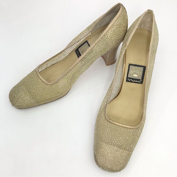 Nina Gold Glitter Sheer Side Square Toe Special Occasion Block Heel Shoes - Picture 3 of 15